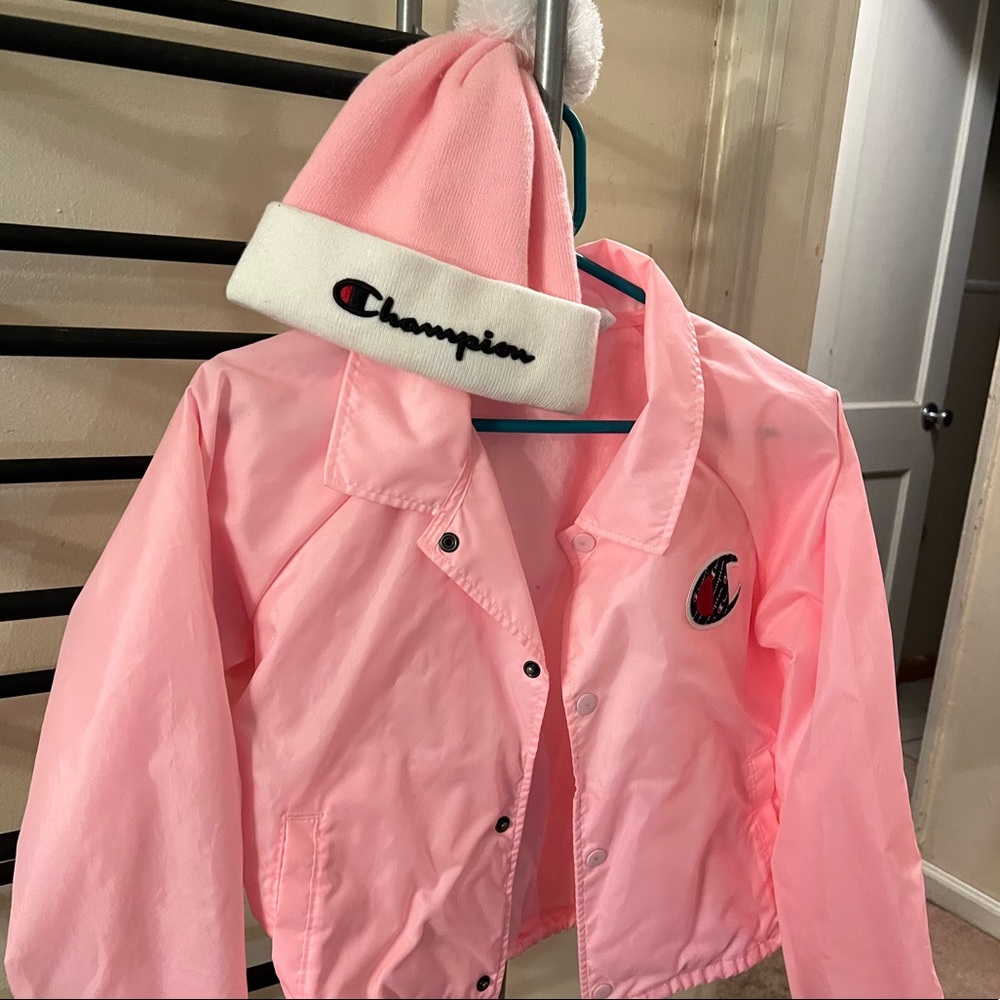 Pink women’s small crop CHAMPION jacket. Worn once. Matching beanie hat.